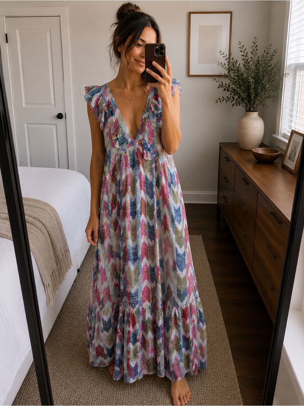 Oliphant Metallic Gold Detail Maxi Dress Pink Blue Ruffle V-Neck Size M